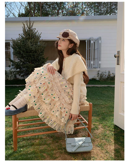 “Starlight Tulle Reverie” Apricot Polka Dot Mesh Skirt