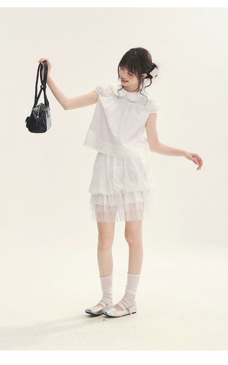 "Black & White Sonata" Polka Dot Mesh Tiered Jellyfish Skirt (White/ Black)