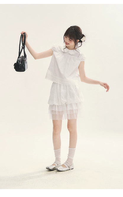 "Black & White Sonata" Polka Dot Mesh Tiered Jellyfish Skirt (White/ Black)