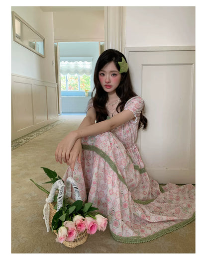 “Wildflower Green Grape” Pink Floral Tiered Dress