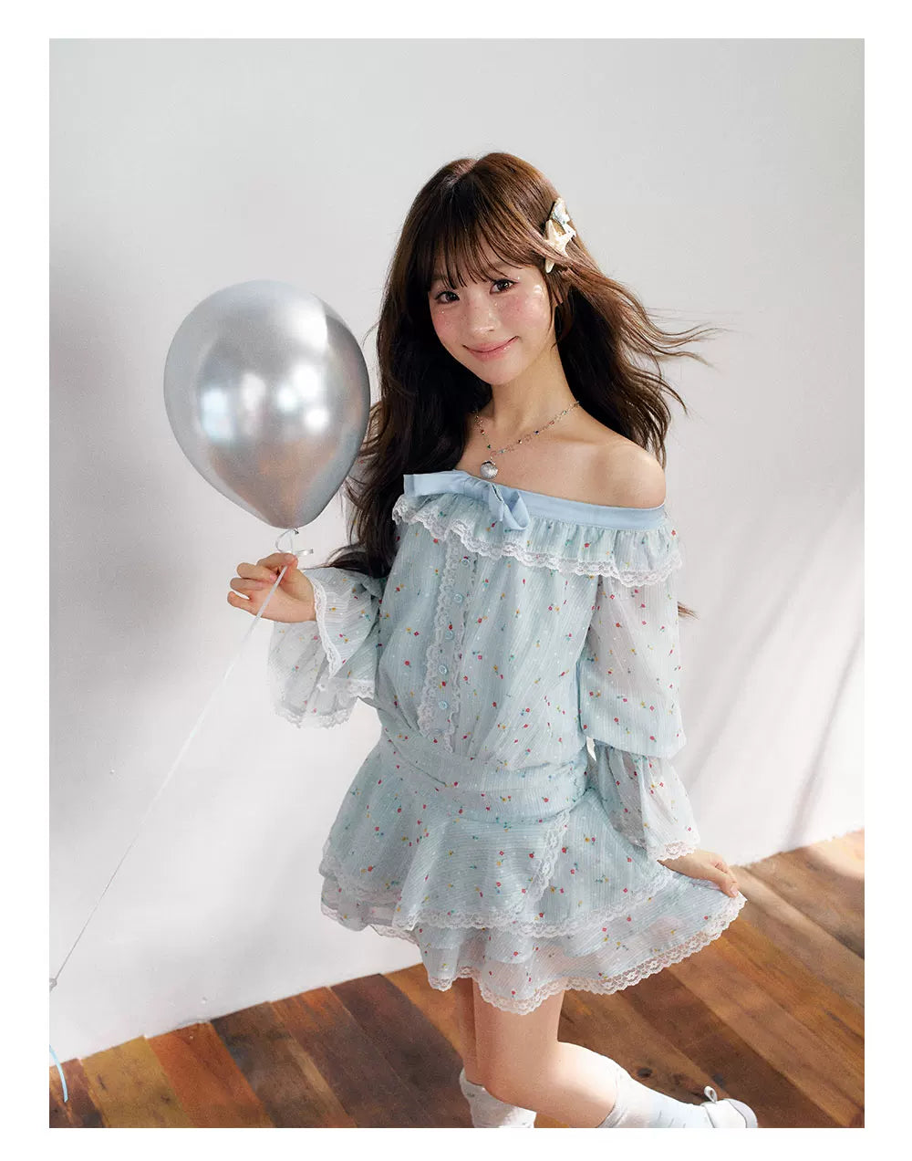 “Blue Meringue Reverie” Blue Off-Shoulder Cake Dress