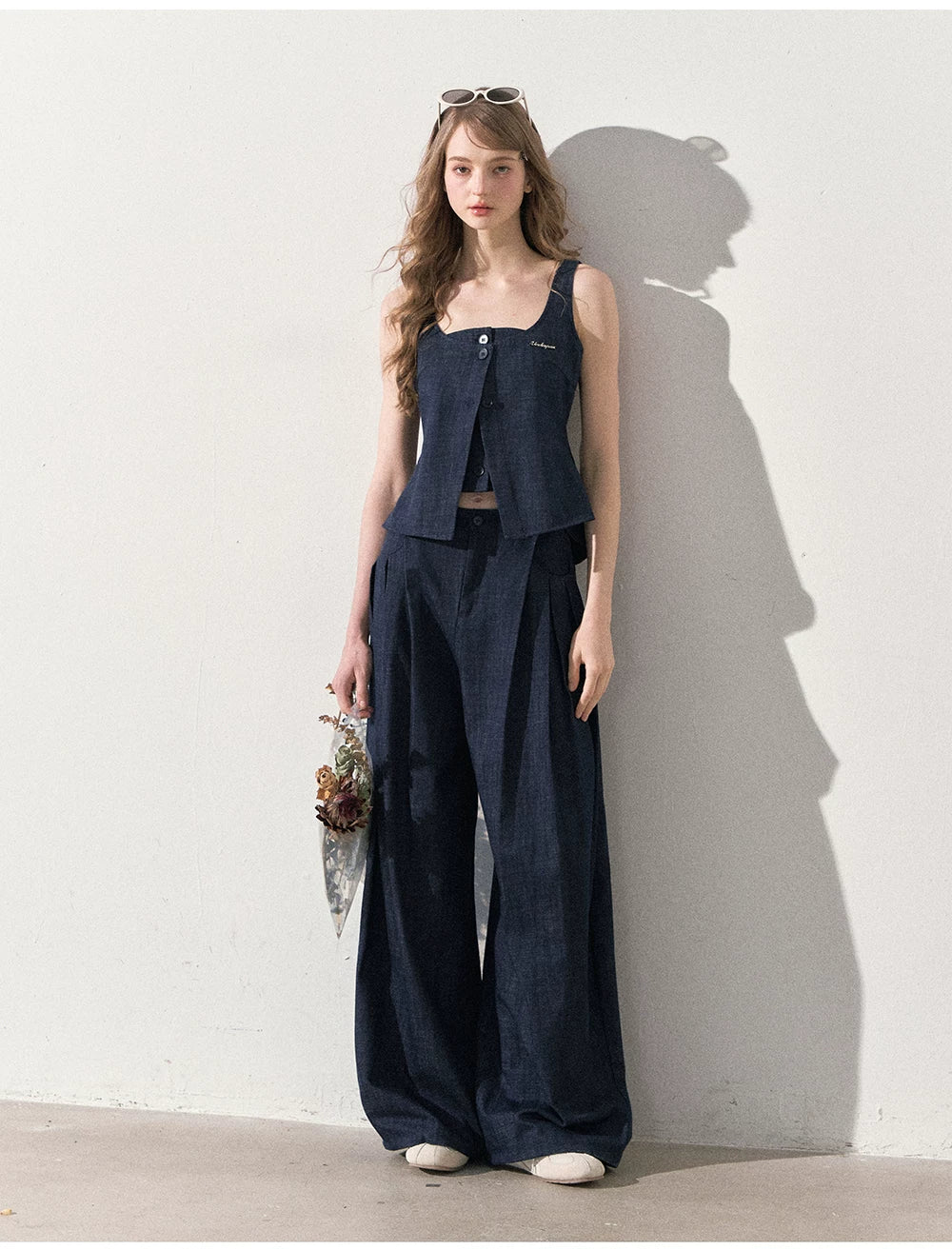 "Season of Ease" Vintage Navy Faux Denim Vest & Wide-Leg Pants Set