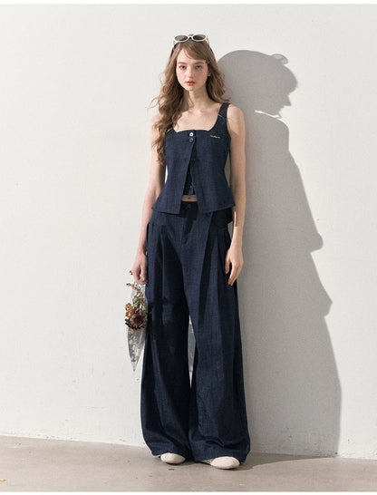 "Season of Ease" Vintage Navy Faux Denim Vest & Wide-Leg Pants Set