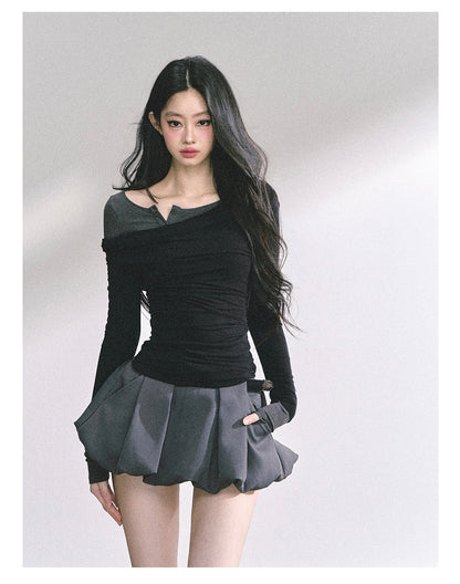 少也眼 "Seoul Toccata" Layered Off-Shoulder Long Sleeve Tee - Black-Gray 2536486