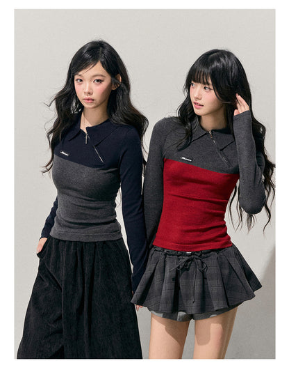 少也眼 “Undercurrents of Time” Slim-Fit Long-Sleeve Polo Knit Top