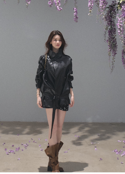 OAKMOO/ Belted Double-Breasted Trench Jacket (Deep Black / Hazel Khaki)