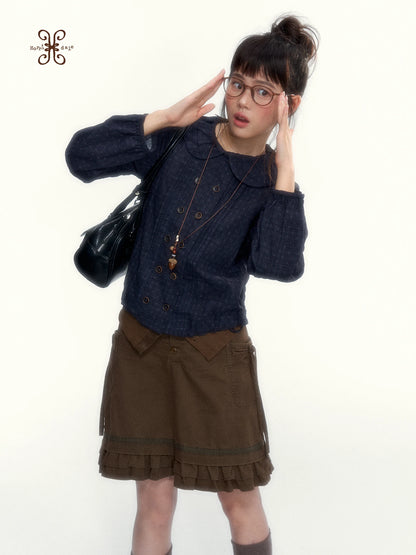 “Academy Melody” Navy Plaid & Dusty Purple Peter Pan Collar Cotton Shirt (Navy Plaid / Dusty Purple)