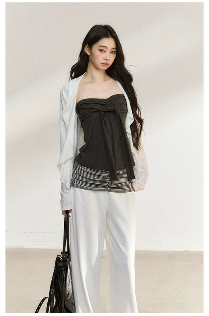 JN's DESIGN - White Ruffle Overshirt & Gray Cami Set