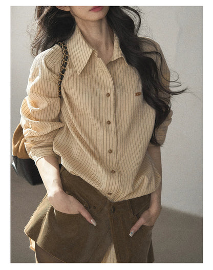 AOMALM - "Autumn Botanicals" Amber Yellow Striped Shirt & Wrap Faux Half-Skirt Set