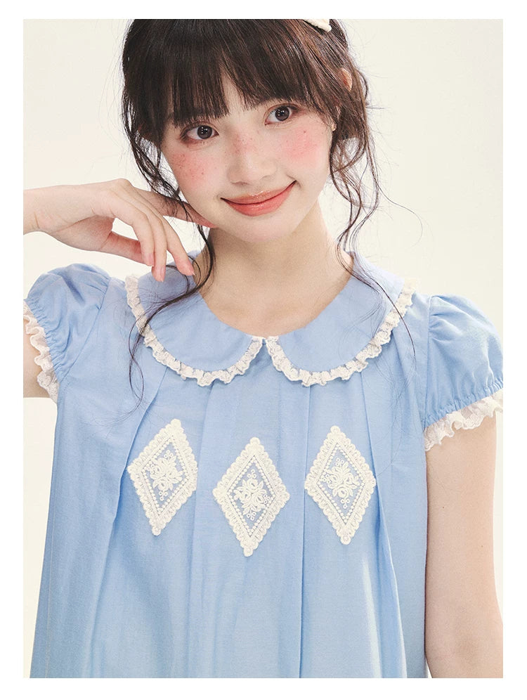 "Sweet Tea Doll" Haze Blue Lace Puff Sleeve Peter Pan Collar A-Line Dress