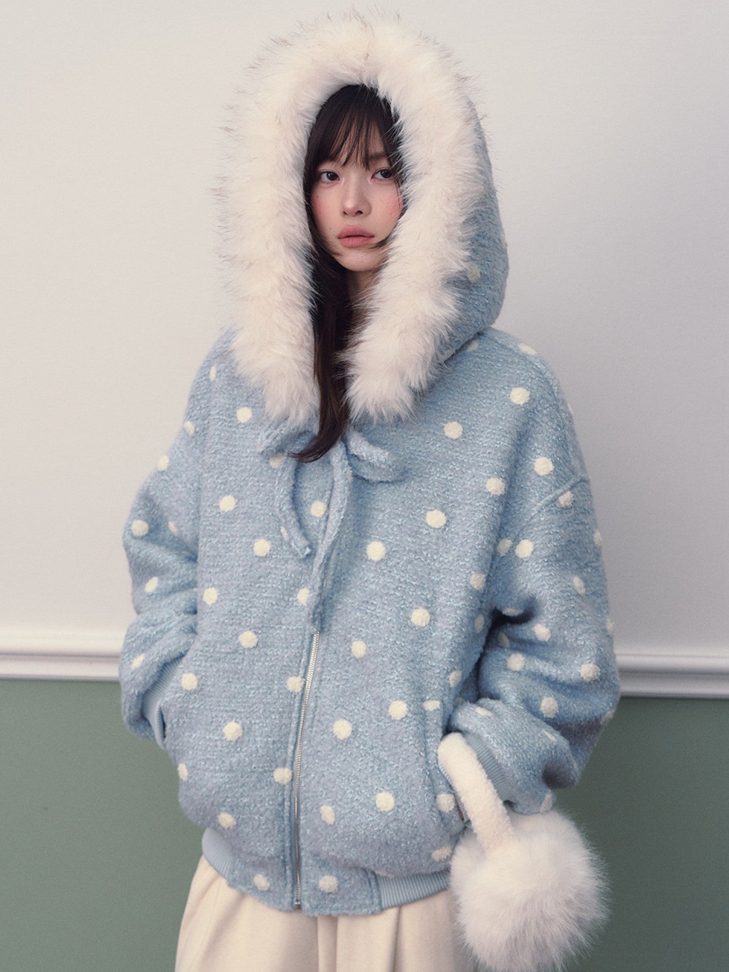 Soote Season - Pastel Blue Polka Dot Wool-Blend Hooded Varsity Jacket with Bow Detail