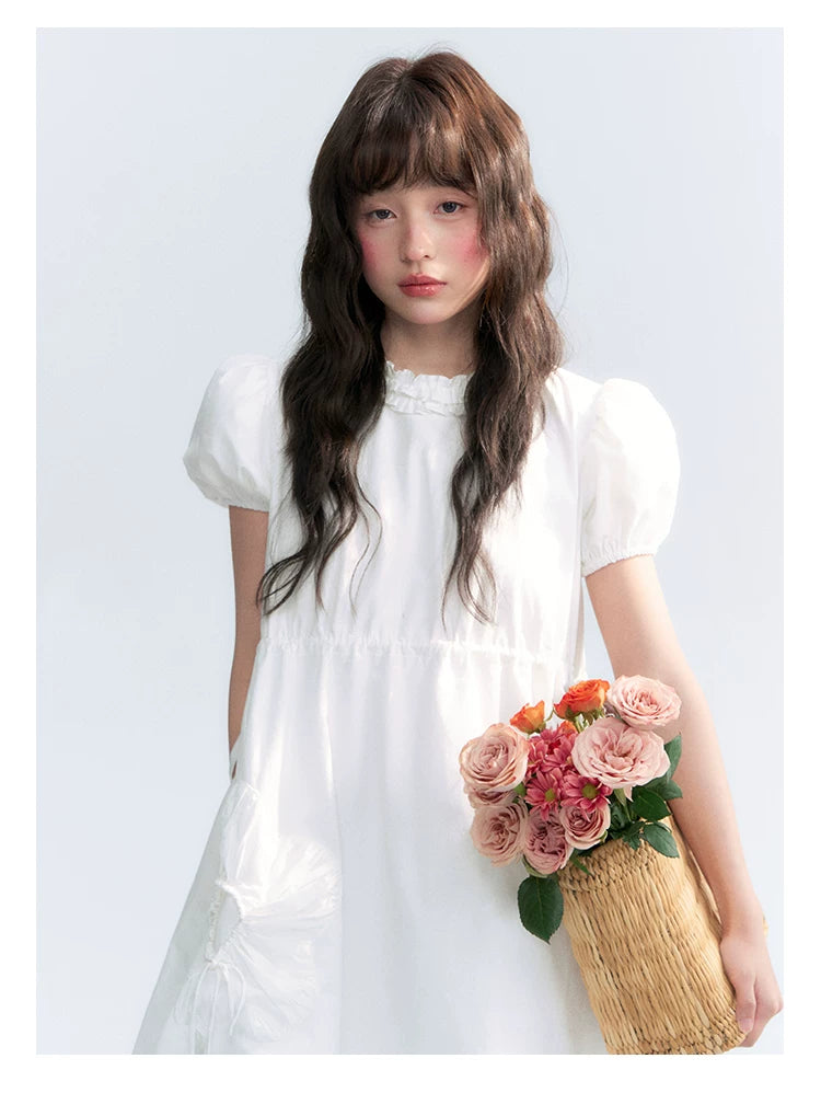 "Puff Doll Dress" Ruffle Trim Puff Sleeve Cotton A-Line Dress (White/ Black)