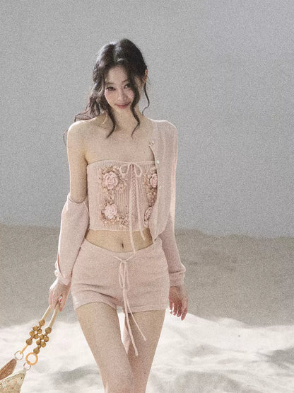 "Forest After Rain" Dusty Rose 3-Piece Cardigan & Shorts Set 45236485