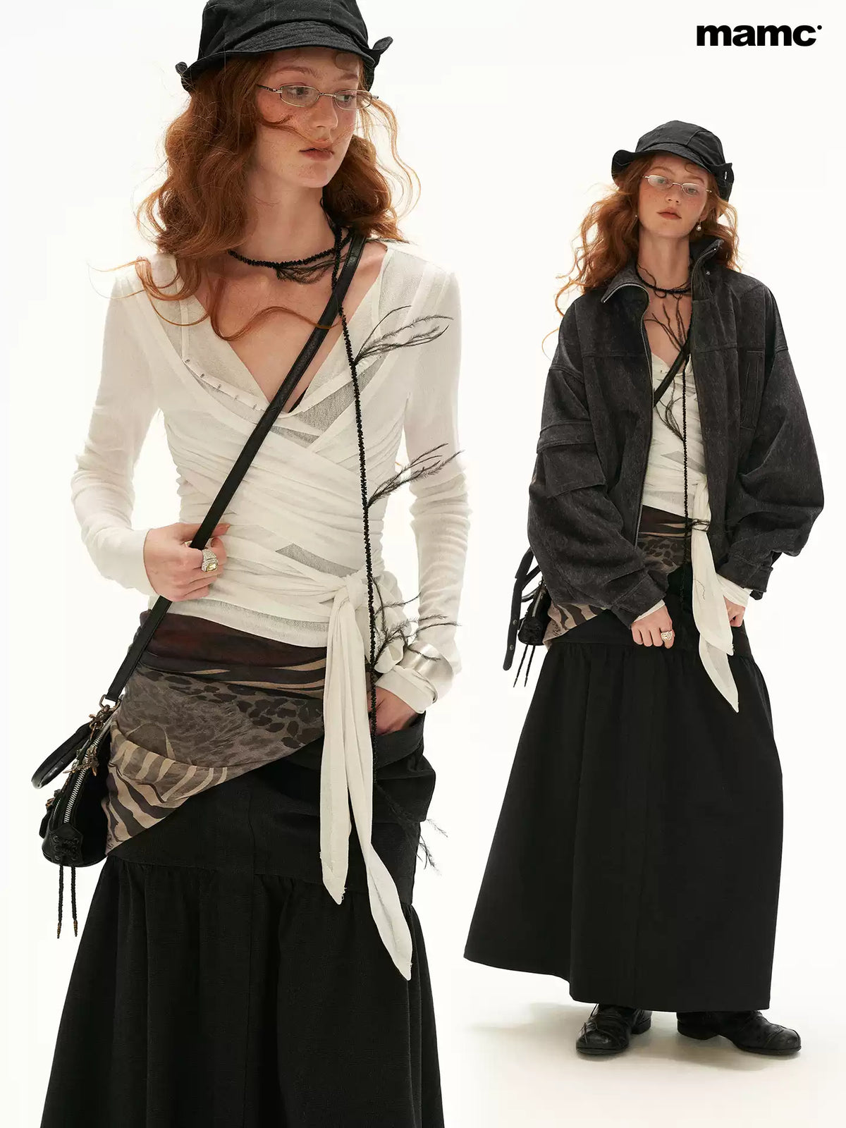 MAMC - Cloud Knit Wrap Top with Crossover Ties and Metal Claw Detail (Blue / White)