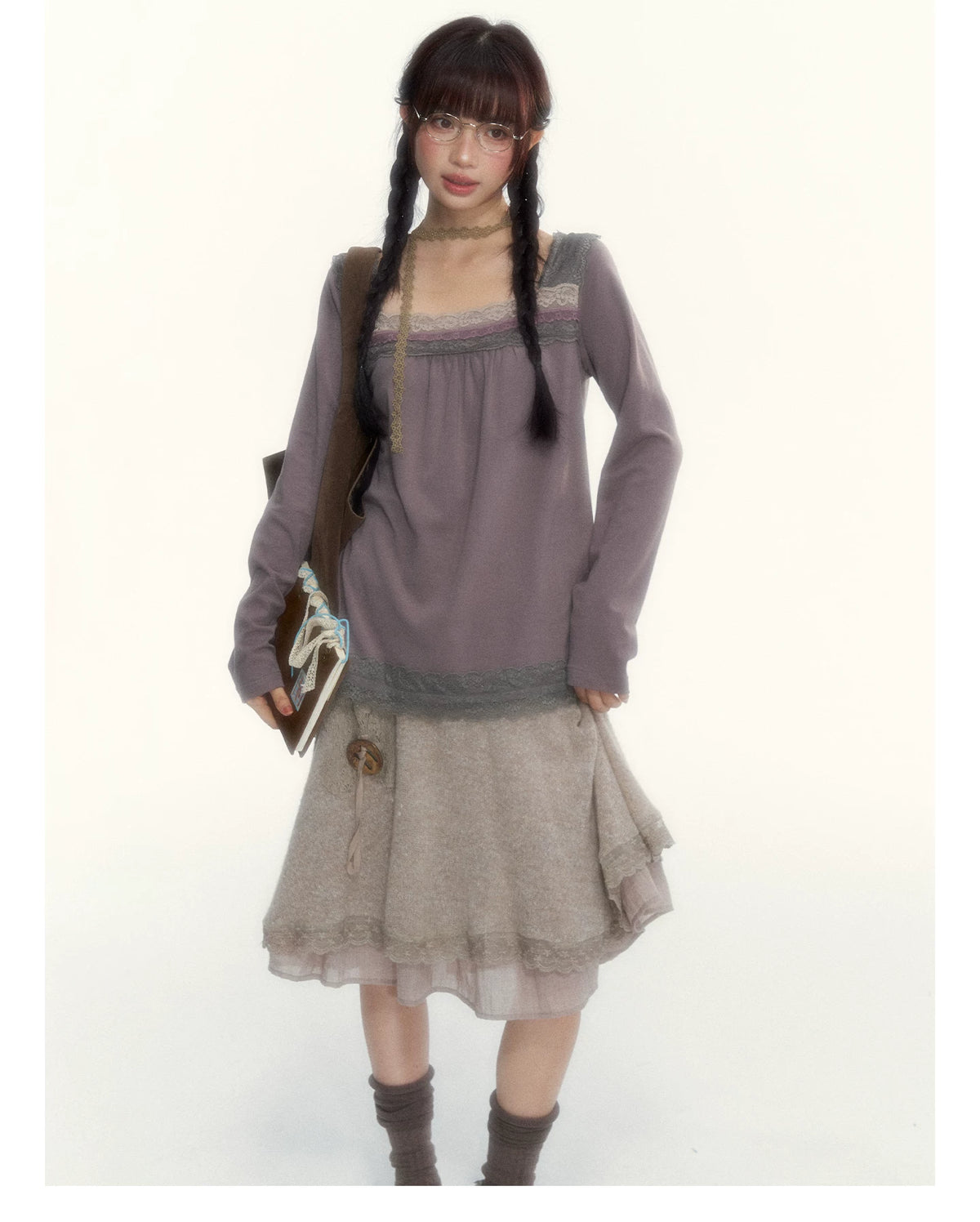 Milk Coffee Vintage Lace Knit A-Line Skirt