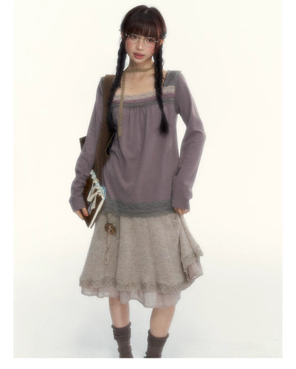 Milk Coffee Vintage Lace Knit A-Line Skirt
