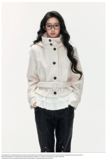24olvides - Beige Hooded Wool-Blend Coat with Waist Belt