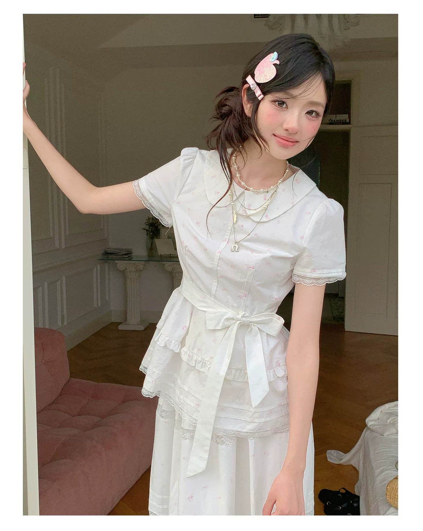 “Midsummer Blossom Letter” White Floral Cake Skirt Set