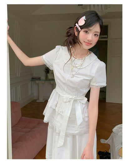 “Midsummer Blossom Letter” White Floral Cake Skirt Set