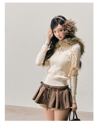 少也眼 “Traces of Melting Snow” Korean-Style Plush Hooded Cable Knit Sweater