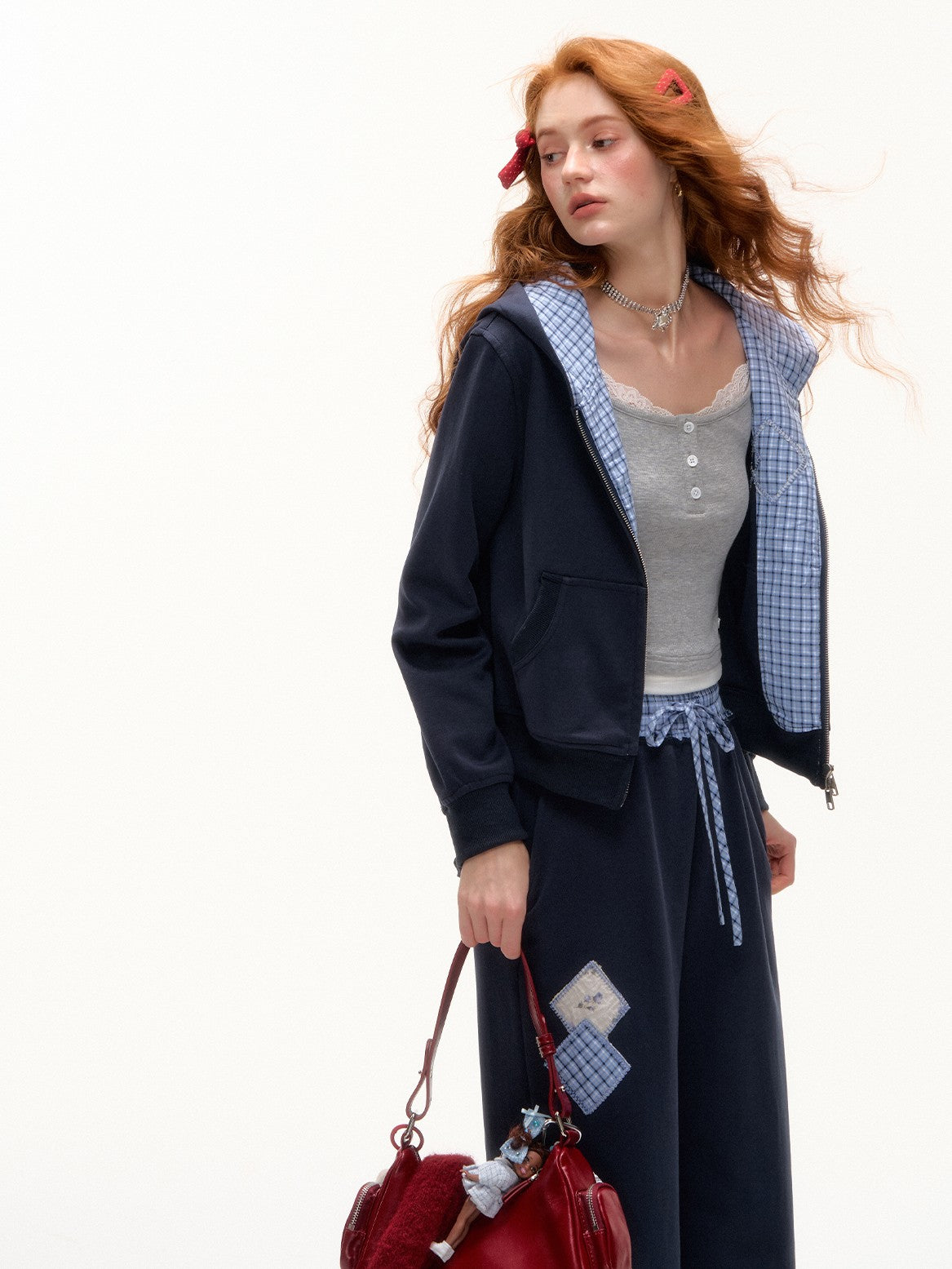 ASGONY - Preppy Patchwork Hoodie & Straight-Leg Sweatpants Set
