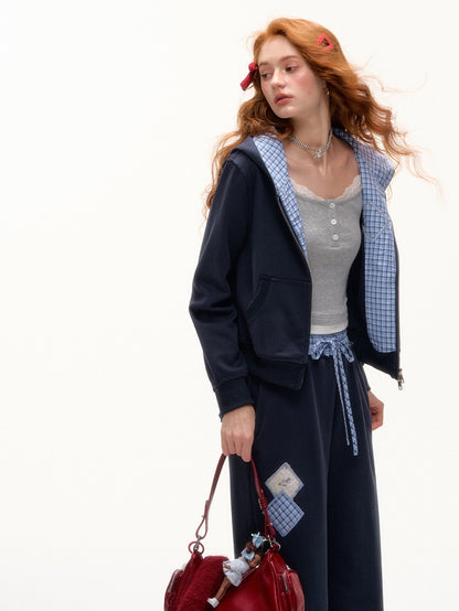 ASGONY - Preppy Patchwork Hoodie & Straight-Leg Sweatpants Set