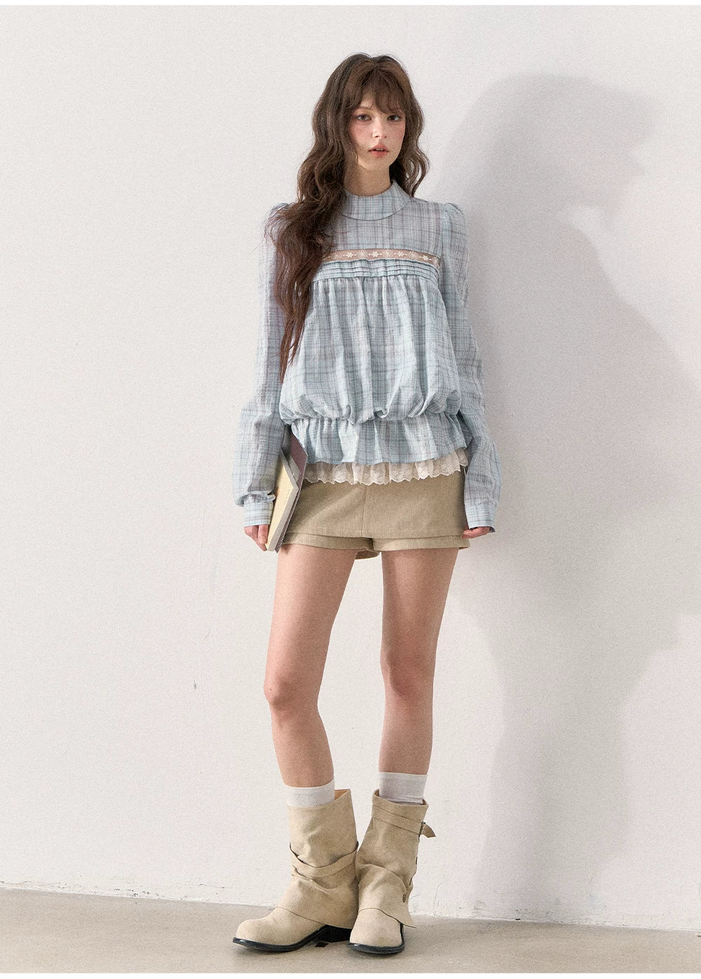 [TMMG] French Vintage Plaid Lace Ruffle Blouse (Blue Plaid)