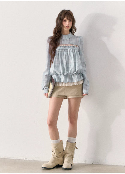 [TMMG] French Vintage Plaid Lace Ruffle Blouse (Blue Plaid)