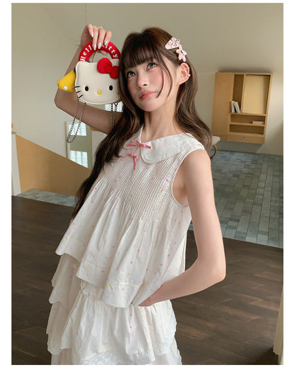 “Starfall Fairytale” White Ribbon Sleeveless Top & Layered Lace Skirt