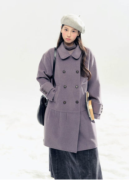 "Winter Chime" Double-Breasted Quilted Wool-Blend Coat (Smoky Purple/ Ash Gray)