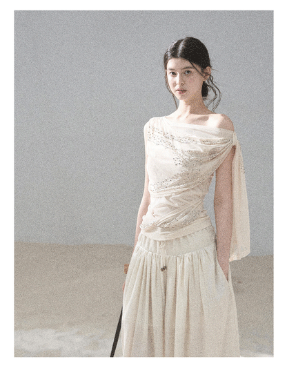 “Frosted Kiss” Dutch Cheese Crystal Mesh Sleeveless Top