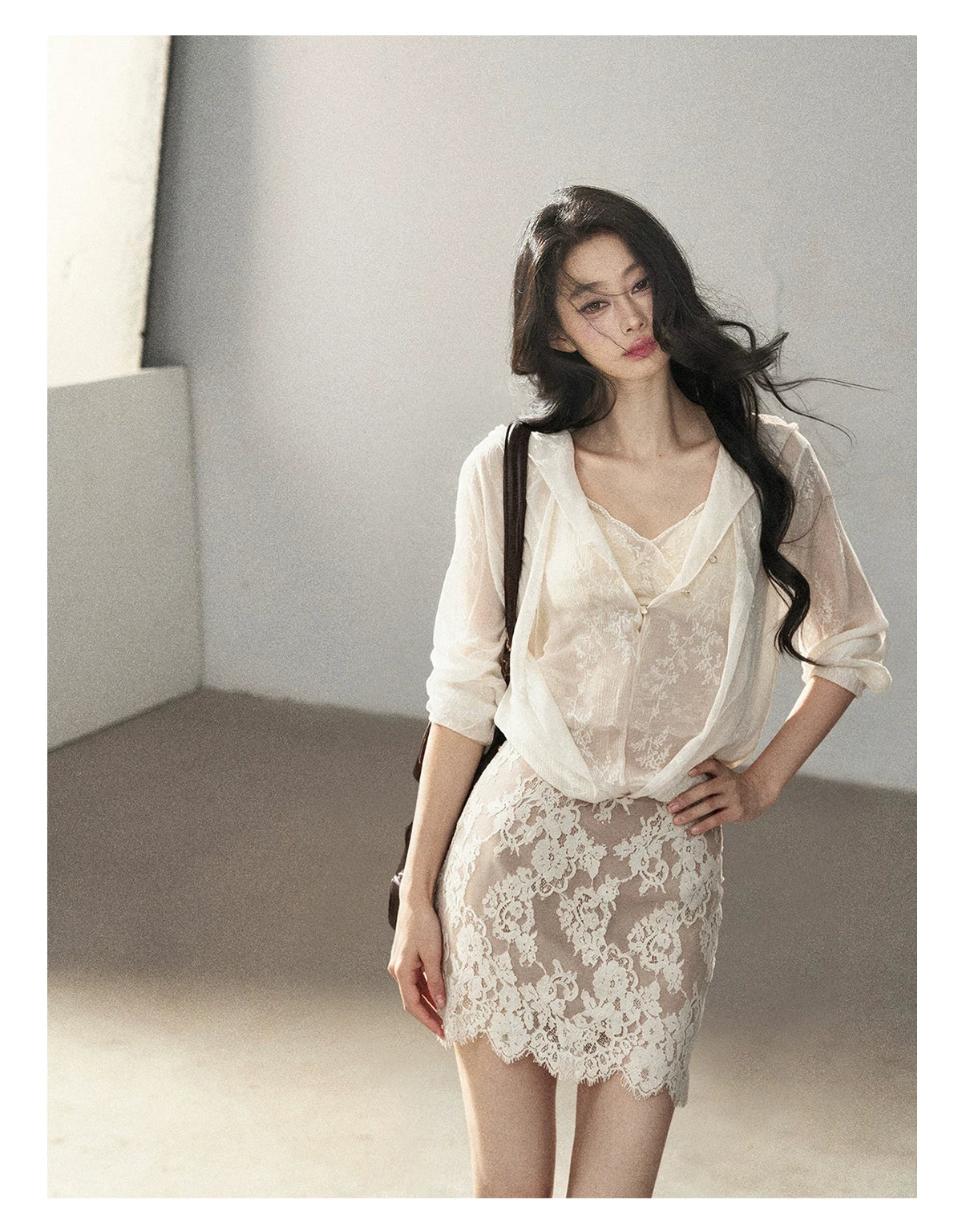 AOMALM - Cream Lace Mini Dress with Scalloped V-Neck (With Inner Bra)