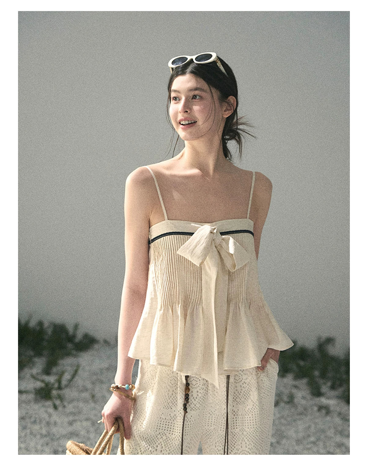 “Breeze Over Pleats” Cream Ribbon Camisole Top