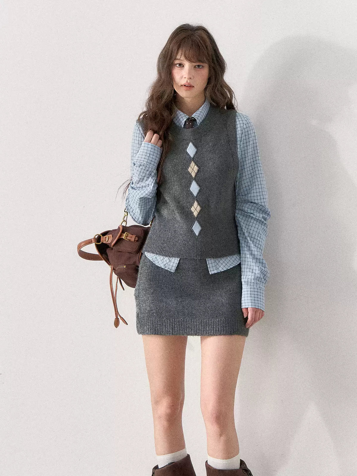 [TMMG] British Collegiate Gray Diamond Knit 3-Piece Set