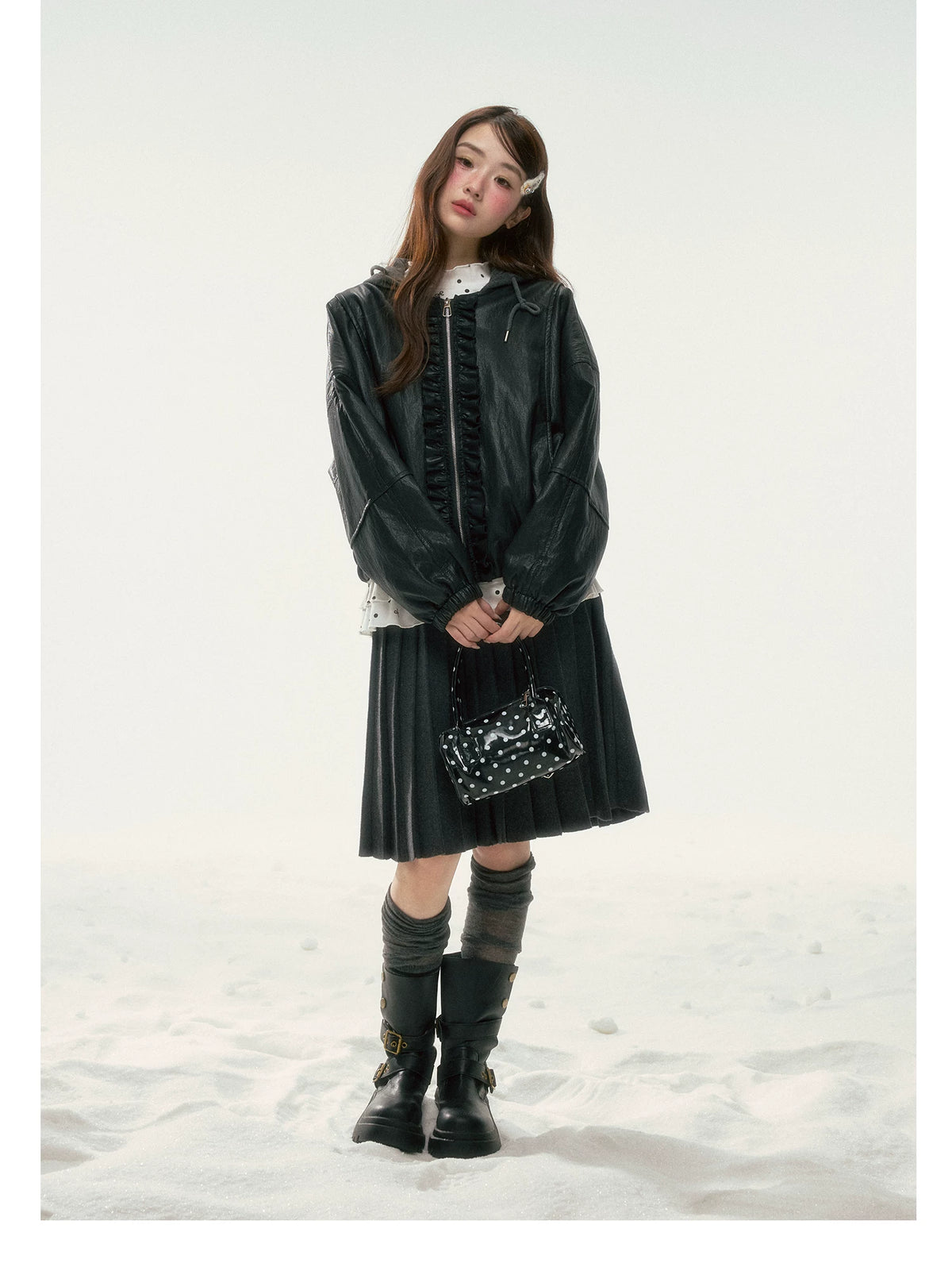 BIBIBENCY - Black Ruffle-Trim Faux Leather Jacket