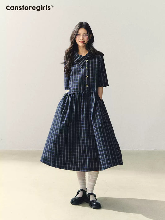 "Plaid Narrative" Asymmetric Neck Knit Midi Dress WW2026022