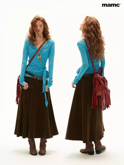 MAMC - Cloud Knit Wrap Top with Crossover Ties and Metal Claw Detail (Blue / White)