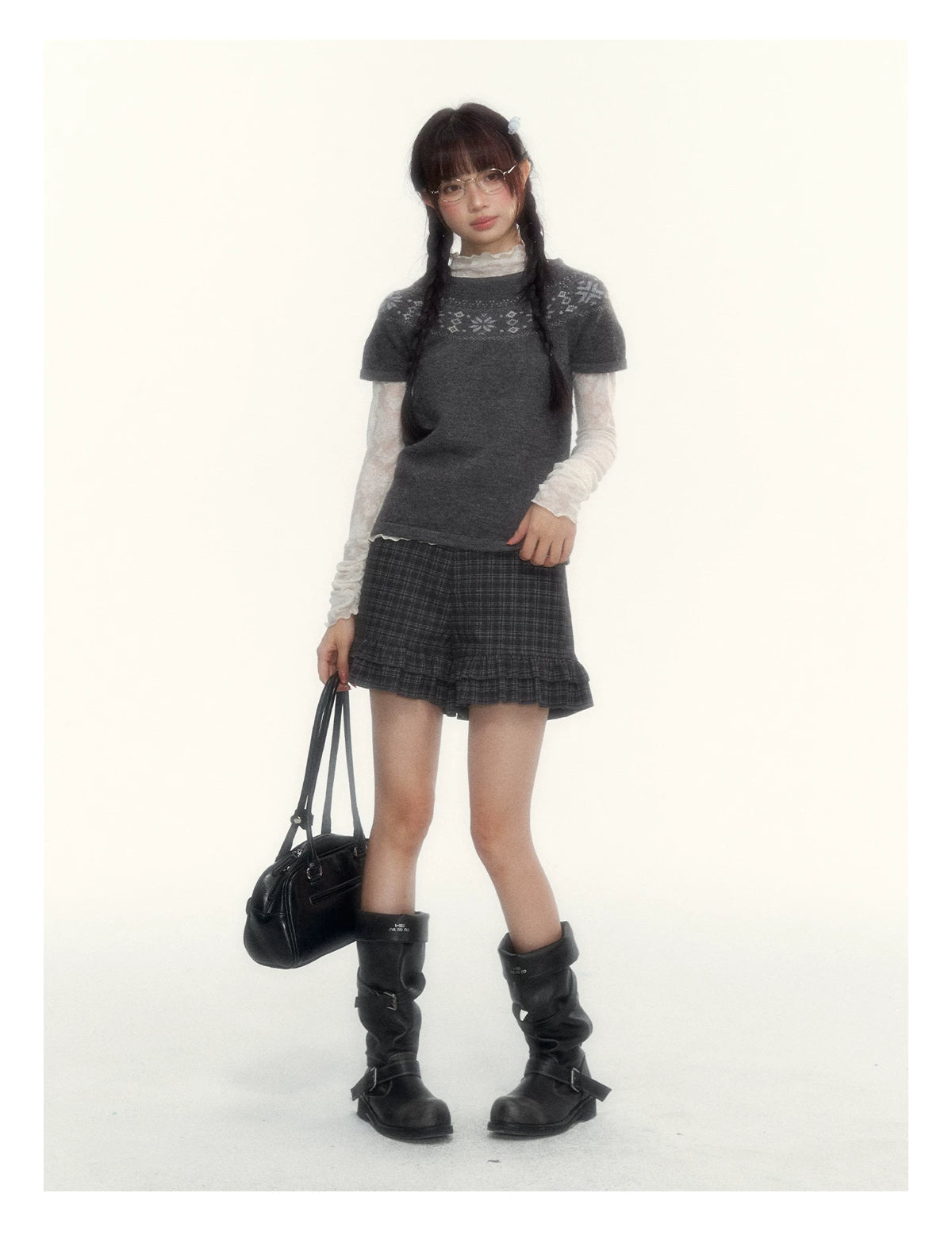 Deep Gray Fair Isle Short-Sleeve Knit Sweater