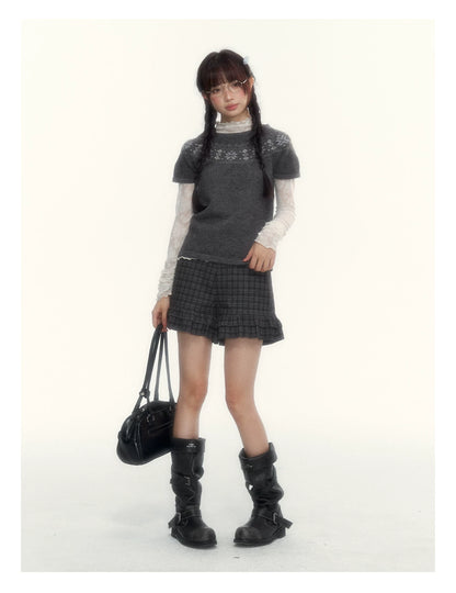 Deep Gray Fair Isle Short-Sleeve Knit Sweater