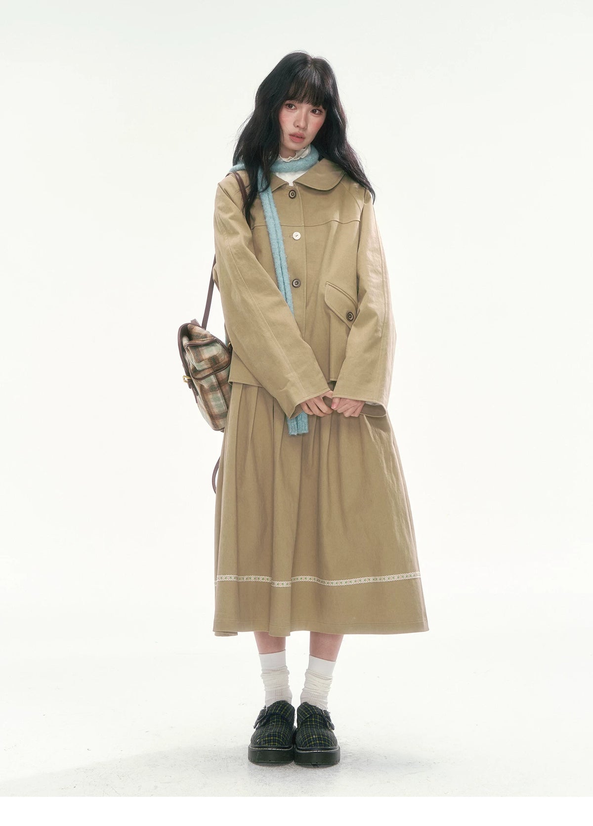 [CAN] Khaki Peter Pan Collar Jacket & Midi Skirt Set