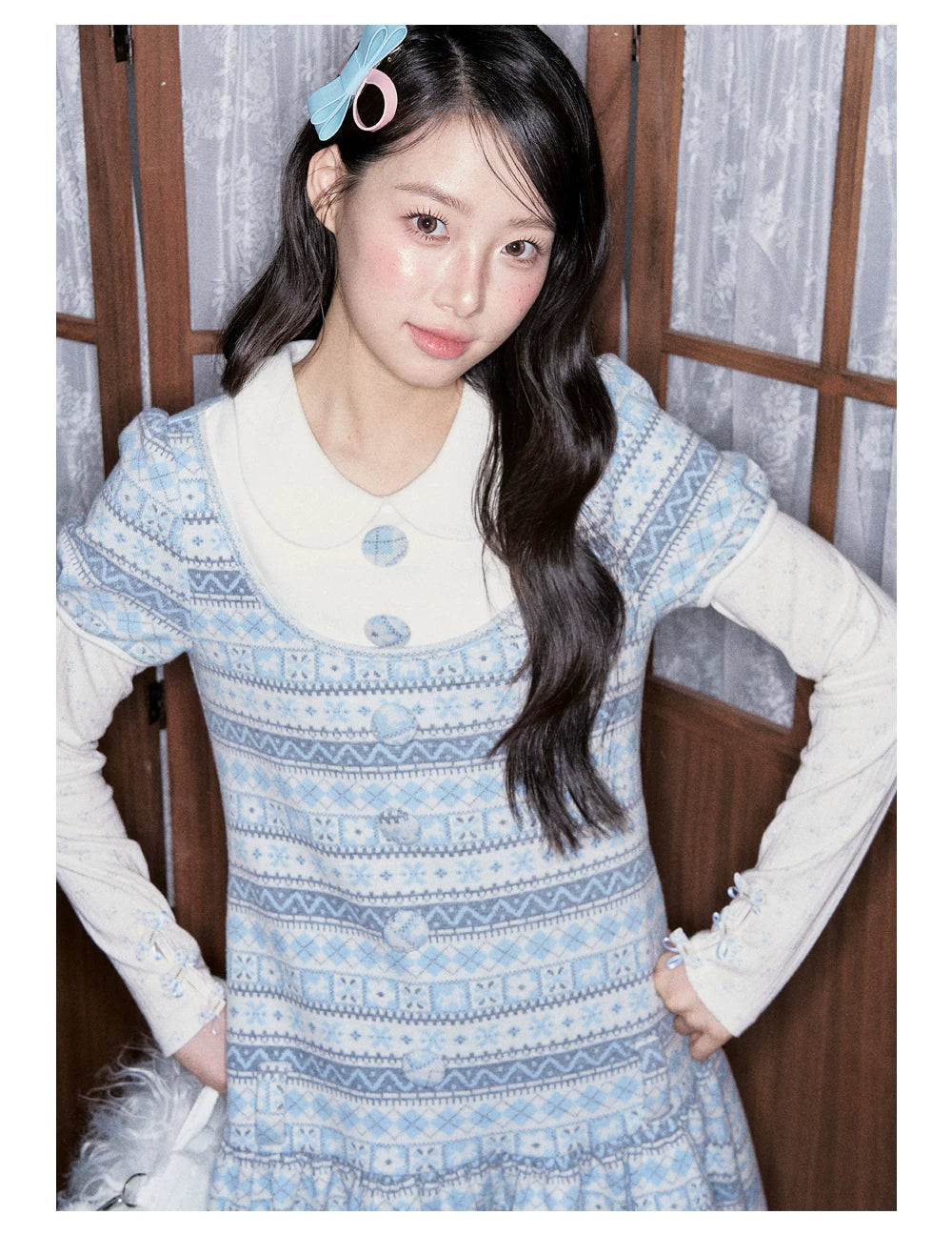 [RF] Vintage Geometric Jacquard Peter Pan Collar Knit Dress with Ruffle Hem