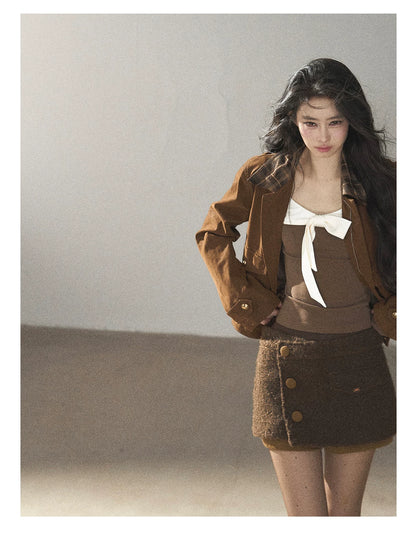 AOMALM - Gray Caramel Cropped Fitted Long Sleeve T-Shirt