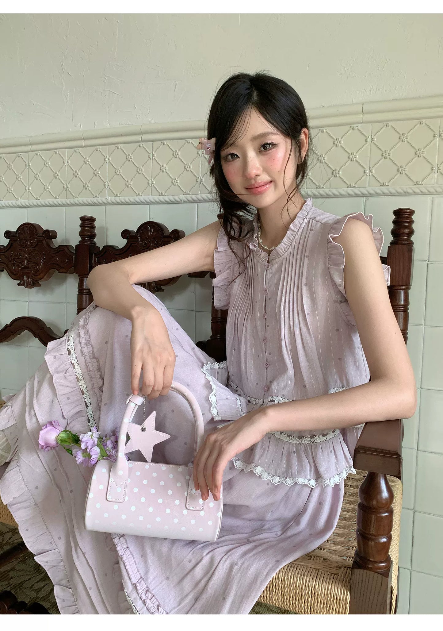 “Taro Polka Reverie” Lavender Polka Dot Skirt Set
