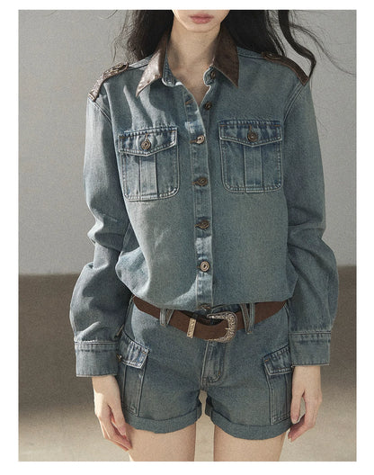 AOMALM - "Borrowed Sunshine" Vintage Blue Denim Commuter Set (Top + Shorts with Belt)