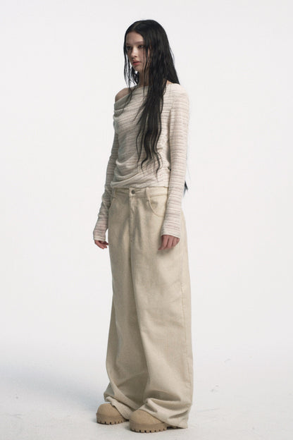 Muirgen - Ivory Silver-Thread Asymmetrical Off-Shoulder Fitted Top