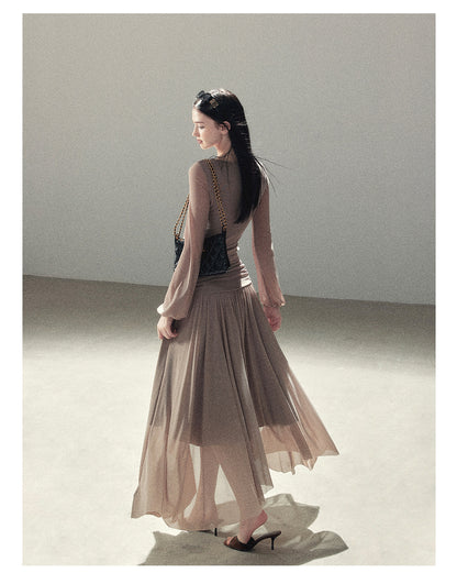 170726 "Waiting for Autumn Rain" Silver Mouse Gray Off-Shoulder Pleated Skirt Set