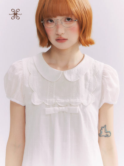 “Lace Sleep Song” White Embroidered Puff Sleeve Babydoll Dress