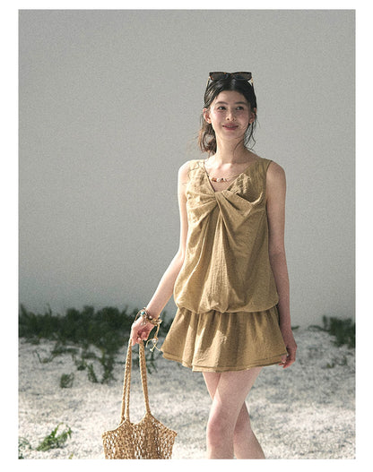 “Whispering Grass” Milk Tea Twist Mini Dress