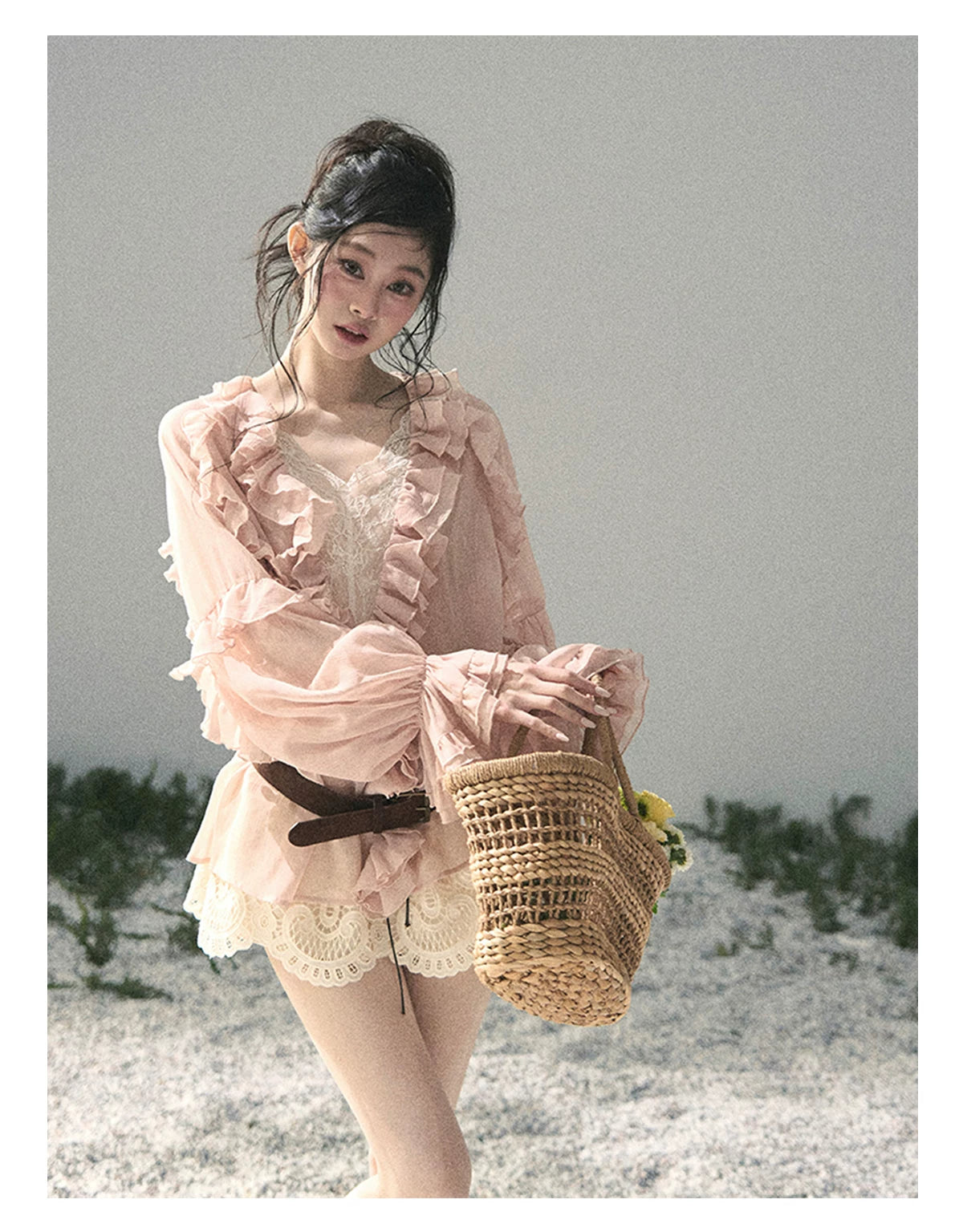“Whispers of the Wind” Blush Pink Lace Chiffon Blouse (With Belt)