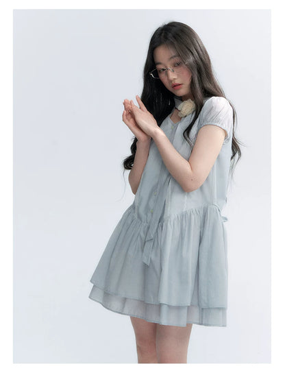 "Cedar Salt" Cool Moon Blue Lace Trim Puff Sleeve Dress